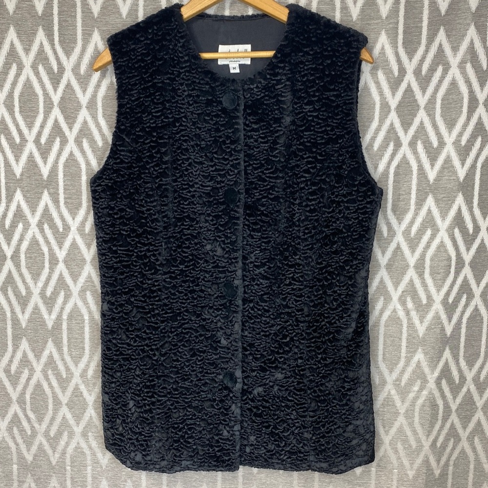 Monika Turtle Vest Faux Fur Tunic Length Black with Covered Buttons Size: Medium